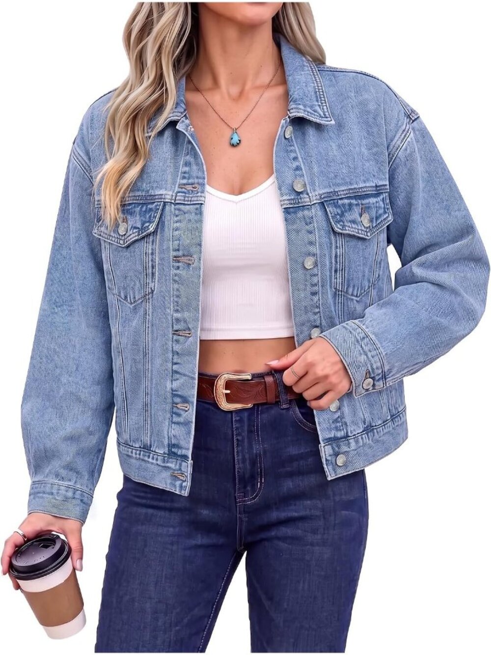 Women’s Powder Blue Long Sleeve Button Down Oversized Casual Denim Jean Jacket